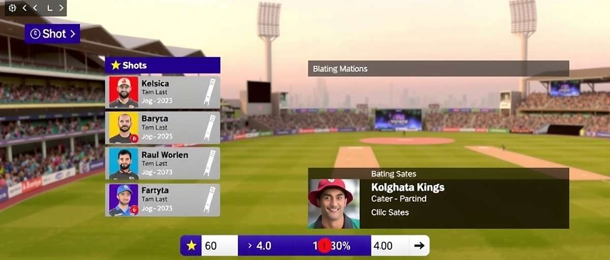 Kolkata Kings Batting Gameplay Kolkata Kings gameplay showing batting interface with various shot options and Indian stadium crowd in background