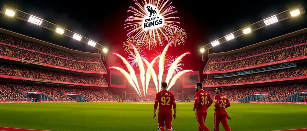 Kolkata Kings Diwali Cricket Carnival Kolkata Kings Diwali event screenshot showing stadium decorated with lights, players in traditional Diwali outfits and firework celebrations