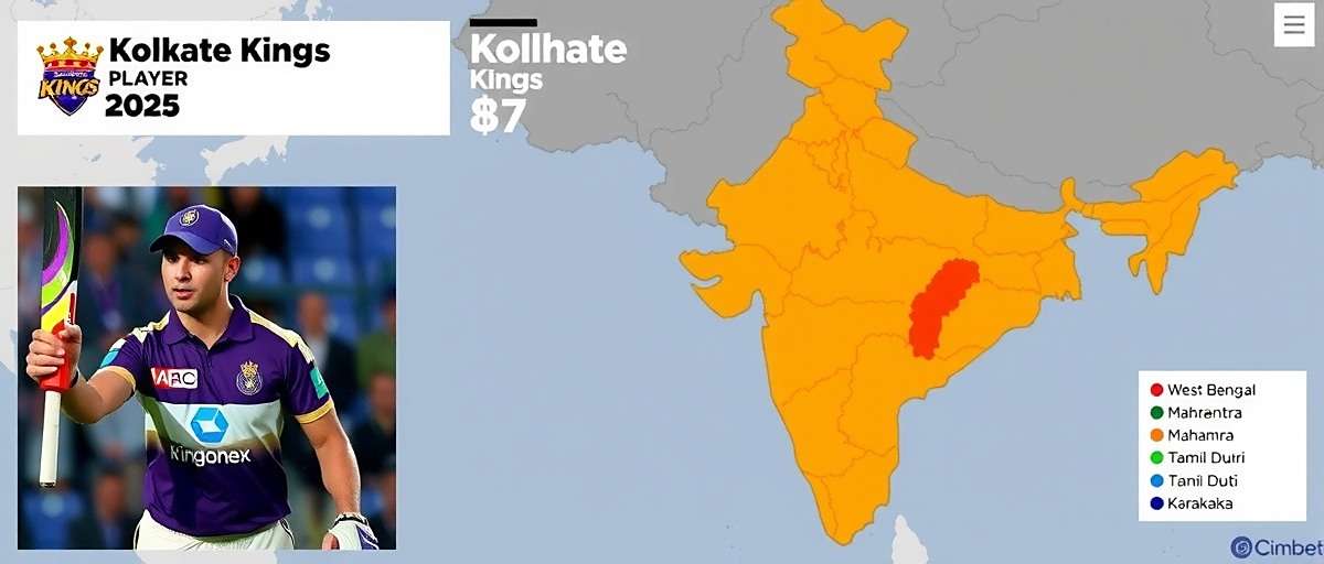 Kolkata Kings Player Distribution in India Map of India showing Kolkata Kings player distribution with highest concentration in West Bengal, Maharashtra, Tamil Nadu and Karnataka