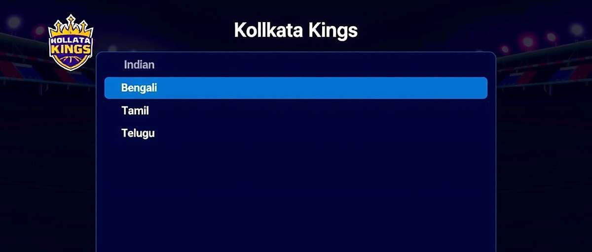 Kolkata Kings Multi-language Support Kolkata Kings language selection screen showing various Indian language options including Bengali, Hindi, Tamil and Telugu